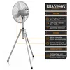 A product image collage for a Brandson stand fan, showing the fan itself and various feature callouts with text. Voir les images du produit