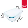 A glass food storage container with dimensions indicated by lines and text. Produktbild-Vorschau
