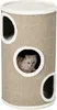 A cat is inside a cylindrical cat scratching tower with multiple openings. Produktbild-Vorschau