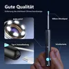A hand holding a black earwax removal device with labels pointing to its features. Produktbild-Vorschau
