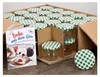 A box of glass jars with checkered lids and a recipe book. Produktbild-Vorschau
