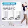 A collage showing compatible models for a robot vacuum cleaner, a person eating snacks, and a dog interacting with a robot vacuum. Produktbild-Vorschau
