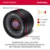 A close-up marketing image of a camera lens with feature callouts and a diagram. Voir les images du produit