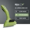 A green pet grooming tool is shown with text indicating available sizes. Voir les images du produit
