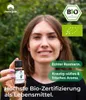 A woman holds up a small bottle of essential oil in front of a blurred green background. Produktbild-Vorschau
