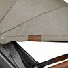 A close-up view of a stroller canopy with a leather tag that says 'DELUXE'. Náhled obrázku produktu