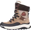A side view of a brown and beige winter boot with white fur lining. Anteprima dell’immagine prodotto