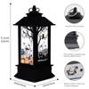 A Halloween-themed LED lantern with various decorative elements and informational callouts. Produktbild-Vorschau