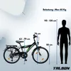 A diagram showing a bicycle with dimensions and a silhouette of a person for scale, along with weight limit information. Produktbild-Vorschau