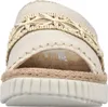 Das Bild zeigt eine beige Sandale die auf der Innenseite abgebildet ist. Die Sandale hat ein schlichtes Design mit einem Riemen über dem Fuß und einem offenen Zehenbereich. Produktbild-Vorschau