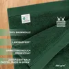 A close-up of a dark green towel with text overlays highlighting its features. Produktbild-Vorschau
