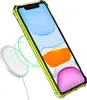 A neon yellow iPhone 11 case is shown with a white wireless charger next to it, with green lines indicating magnetic connection. Anteprima dell’immagine prodotto
