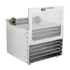 A stainless steel food dehydrator with its door open, showing multiple drying racks inside. It has two control knobs on the top left. Podgląd zdjęcia produktu