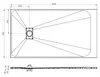 Technical drawing of a rectangular shower tray with dimensions and drainage details. Podgląd zdjęcia produktu