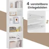 A white bookshelf with various decorative items and books, next to a close-up diagram showing adjustable shelves. Produktbild-Vorschau