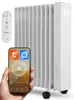 A white oil radiator with a remote control and a smartphone displaying a control app. Produktbild-Vorschau