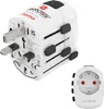 A white universal travel adapter with multiple plug types and a separate European socket adapter. Náhled obrázku produktu