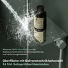 A shower fixture with a bottle of product on it, being sprayed with water. Produktbild-Vorschau