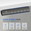 A digital control panel for a standing desk, with feature icons and text descriptions below. Produktbild-Vorschau