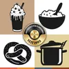 A collage of four icons representing food and drink items, with a central circular logo. Produktbild-Vorschau