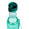 An exploded view of a green water bottle with its lid and filter detached. Produktbild-Vorschau