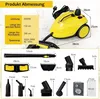 A product image showing a yellow steam cleaner with various accessories and a table of dimensions and specifications. Produktbild-Vorschau
