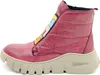 A side view of a single red boot with a colorful geometric pattern on the side and a thick beige sole. Produktbild-Vorschau