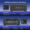 A diagram showing the front and back ports of a mini PC, along with a close-up of an SD card reader and a Kensington lock slot. Text describes the various connections. Produktbild-Vorschau