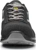 A close-up, front-facing view of a black and gray safety shoe. Voir les images du produit