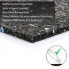 A close-up, angled view of a thick, black rubber mat with colorful flecks, overlaid with German text describing its features. A circular graphic with a knife and a checkmark is in the bottom right corner. Produktbild-Vorschau