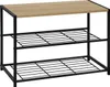 A three-tier shoe rack with a wooden top shelf and black metal wire shelves. Produktbild-Vorschau