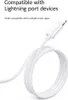 A white charging cable with a lightning connector is coiled on a white background, with text describing its compatibility. Produktbild-Vorschau