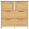 A front view of a white and wood-grain dresser with rattan-style drawer fronts. Náhled obrázku produktu