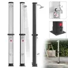 Collage of outdoor showers and close-ups of their components, with a background of greenery and a patio. Náhľad obrázku produktu