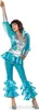 A woman in a blue disco costume with silver accents, posing with her arm raised. Produktbild-Vorschau