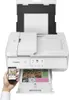 A Canon PIXMA TS9551Ca printer is shown with a smartphone displaying an image, and a printed document emerging from the printer. Podgląd zdjęcia produktu