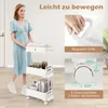 A woman is shown next to a white 3-tier rolling cart, with close-up shots highlighting the cart's features. Produktbild-Vorschau