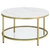 A round coffee table with a marble-like white top and a gold metal frame. Náhled obrázku produktu