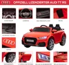 A collage of images showcasing the features of a red Audi TT RS children's electric car. Produktbild-Vorschau