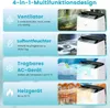 A collage of four sections, each illustrating a different function of a multi-functional device: fan, dehumidifier, portable AC, and heater, with accompanying text and imagery. Produktbild-Vorschau
