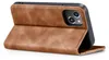 A brown flip case for an iPhone is shown from the side, propped open. Produktbild-Vorschau