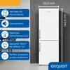 A white refrigerator with feature callouts on the left and dimensions on the right. Produktbild-Vorschau