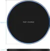A top-down and side view of a round, black wireless charging pad with blue trim, showing its dimensions. Produktbild-Vorschau