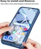 A person's hands are holding a blue phone case with a phone inside, demonstrating its installation. Produktbild-Vorschau