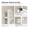A collage of images showing details and features of a white bathroom radiator. Produktbild-Vorschau