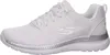 A side view of a white Skechers sneaker with silver accents. Voir les images du produit