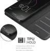 A close-up view of a black phone case with a phone inside, showing the screen and the case's texture. Text overlays highlight product features. Náhled obrázku produktu