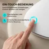A hand is pressing a button on a white electronic device, with text overlays describing features. Produktbild-Vorschau