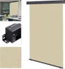 A collage showing a beige retractable side awning, a close-up of its motor mechanism, and a texture sample with water droplets.