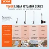 A chart comparing different VEVOR linear actuators with their specifications and applicable scenarios, featuring images of the actuators and their uses. Náhled obrázku produktu